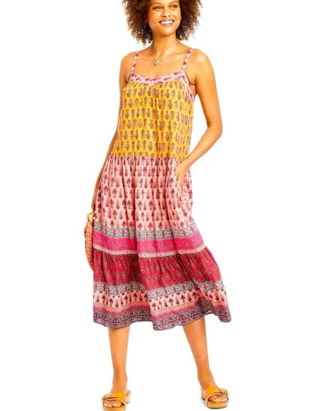 Knox Rose Yellow & Pink Tiered Boho Midi Dress